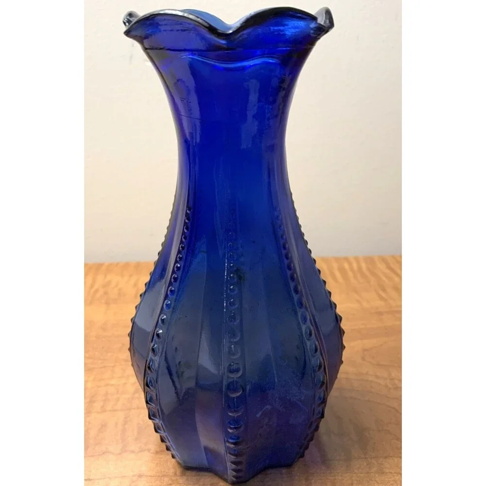 VTG Indiana Glass Cobalt Blue Beaded Rib Vase Ruffle Rim Edge USA 1930s-1950s